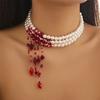 Vintage Red Blood Pattern Necklace for Women Multilayer Pearl Crystal Bead Pendant Necklaces Gothic Halloween Accessories