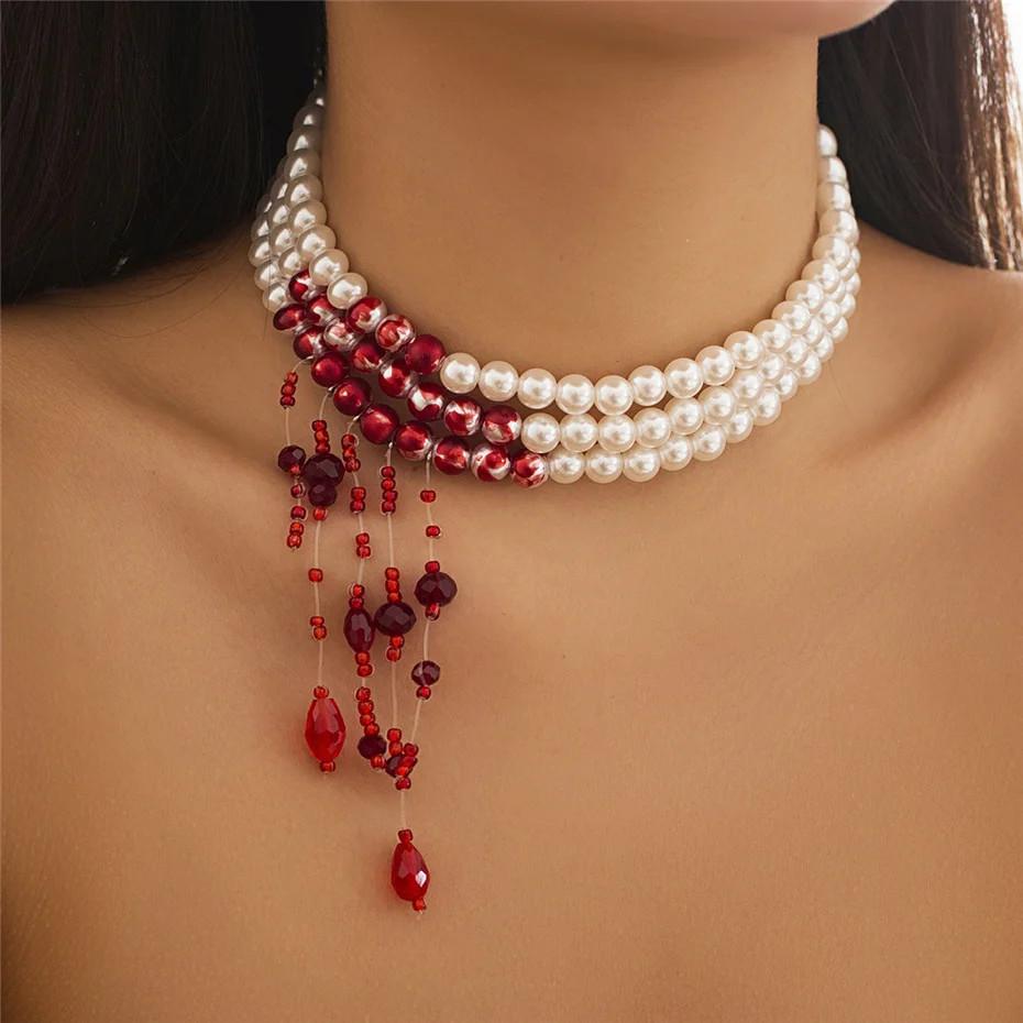 Vintage Red Blood Pattern Necklace for Women Multilayer Pearl Crystal Bead Pendant Necklaces Gothic Halloween Accessories