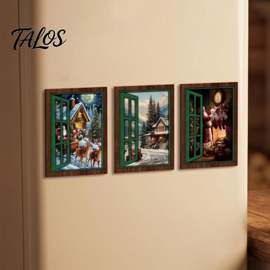 Metal Surface Decoration 3Pcs Christmas Light-up Window Fridge Magnet, Wooden Fake Refrigerator Magnet with LED Light Light, Magnetic for Holiday