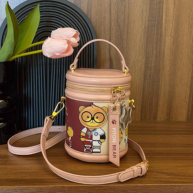 New Bear Print Round Tube Mobile Phone Bag Womens Commuter Crossbody Bag Small Size Vintage Style PU Leather Single Shoulder Bag