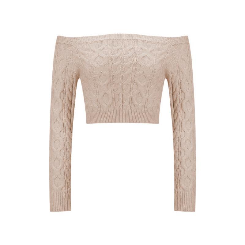 Women's Autumn and Winter Knitted Navel Short One-line Collar Slim Sweet Jumper