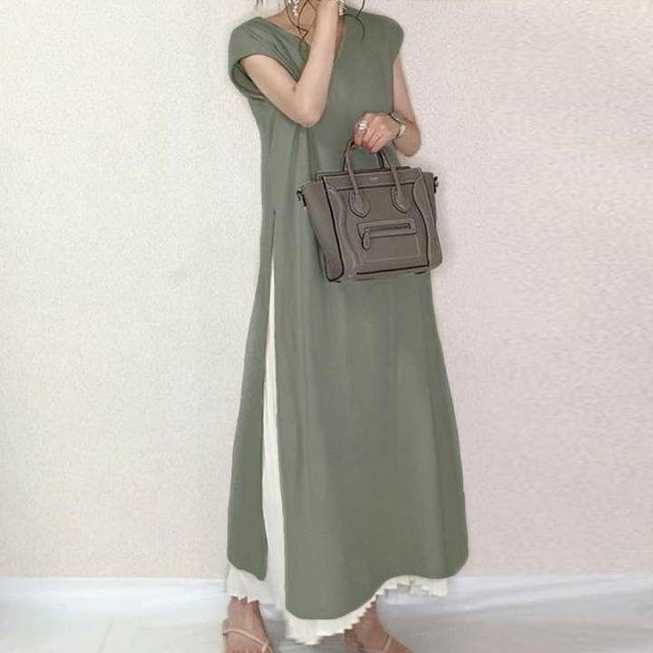 

Японский летний стиль однотонное плиссированное свободное макси-платье - женское с коротким рукавом, большой размер Swing Design One Size