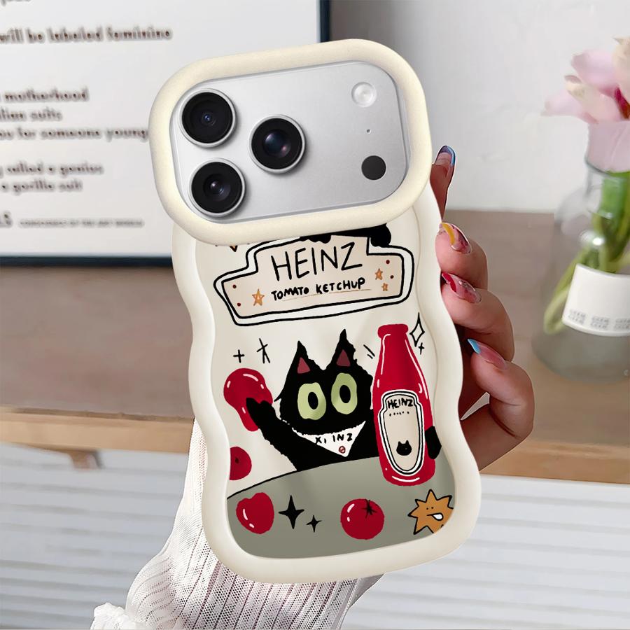 Soft Phone Cover Case for iPhone 16 Pro Max 13 12 15 Plus 17 Air 14 8 11 XR Tomato Sauce Black Cat