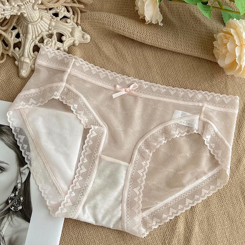 French Lace Ice Silk Mid-Waist Panties - Women's Sexy Semi-Transparent Seamless Briefs with Soft, Breathable Crotch
