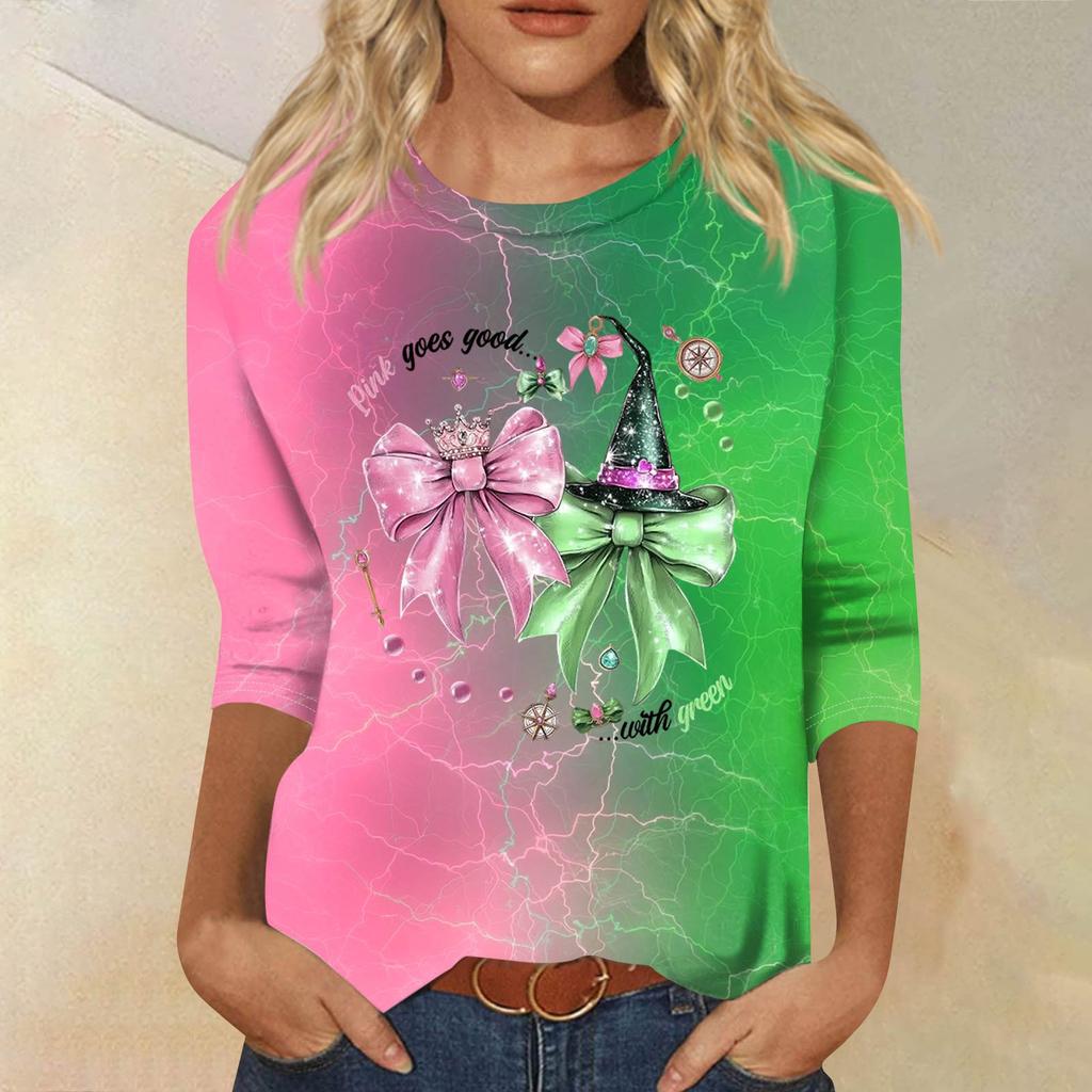 Women's Fashionable Casual Three-Quarter Sleeve Printed Round Neck Top