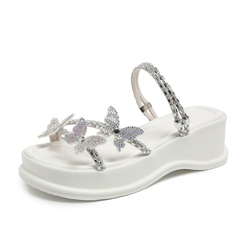 Platform Heightened Sandals Summer Wear New Round Head Rhinestone Butterfly Thin Belt Wedge Two-wear Flip-flops