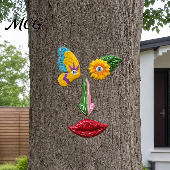 Flower Eyes Tree Decoration Colorful Trunk Face Decor, Outdoor Faces, Trees Yard Art Sun-proof Ornament Statues, Garden Cute Funny Creative for Patio