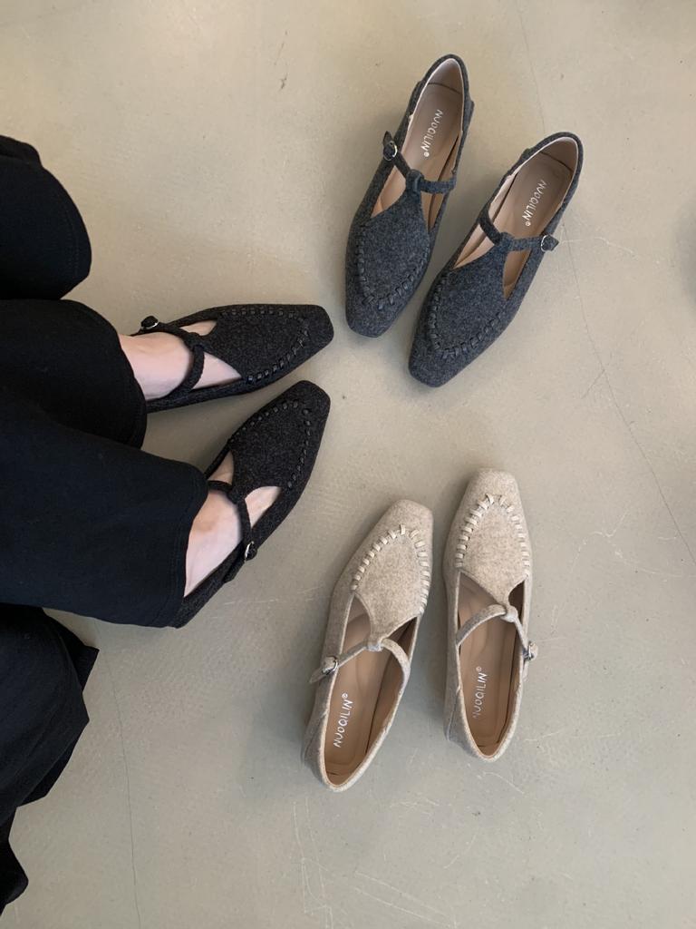 Retro Mary Jane single shoes women's shoes 2025 new spring and autumn loafers pointed woolen single shoes