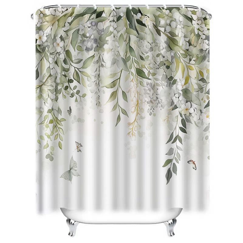 Charming White Flowers and Green Leaves Shower Curtain for Modern Bathroom Decor Waterproof Fabric with Hooks Enhances HomeStyle