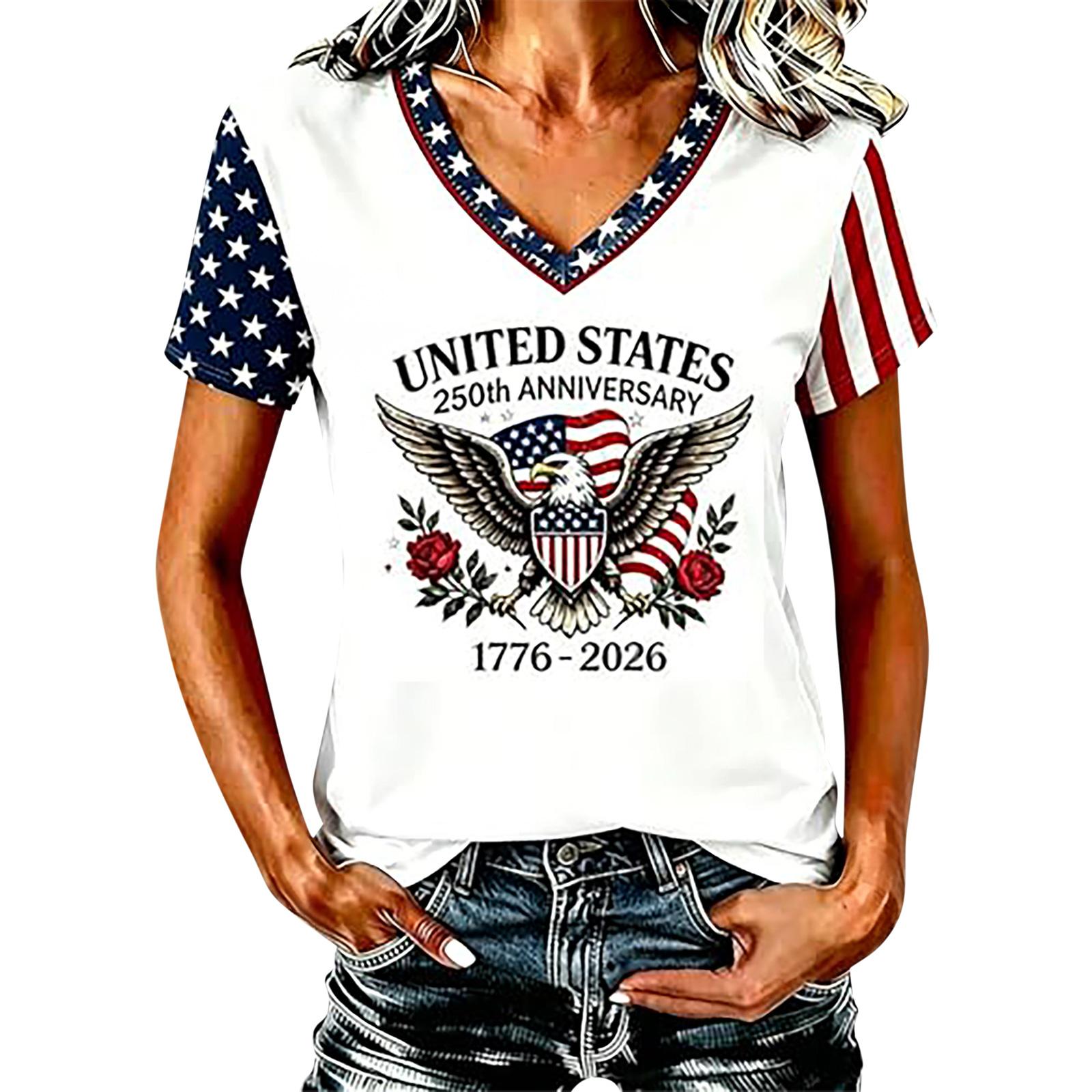 

Women s Casual V Neck Short Sleeve Pullover T Shirt Independence Day Print Top Lightweight Summer Tee for Everyday Wear S белый