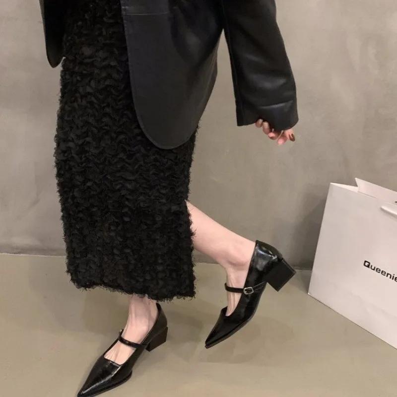 Spring New Coarse Heel Shoes Women's Fashion Pointed Shallow Mouth with Waterproof Non-slip Low-top Shoes