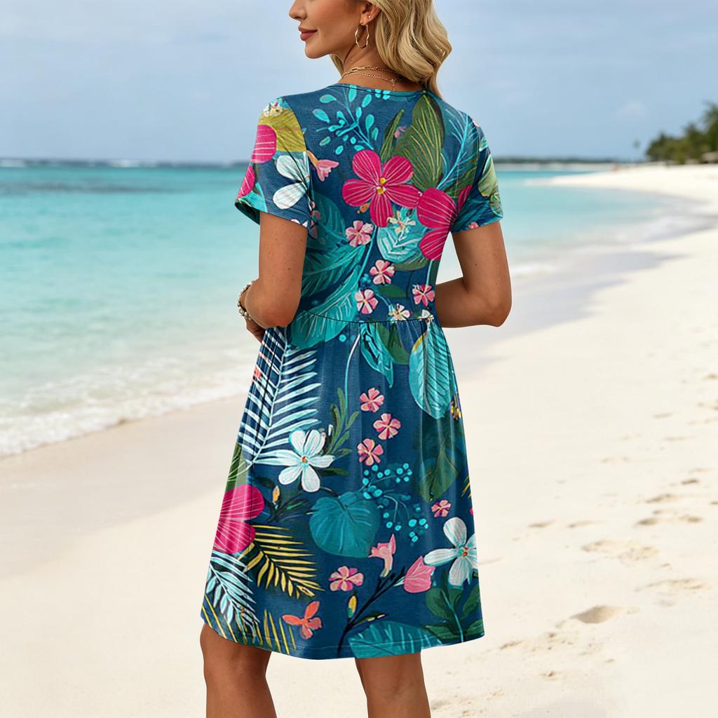 Short Sleeve Casual Dress with Floral Print Crew Neck Loose Fit Lightweight Material for Women