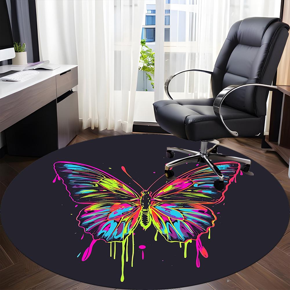 1PC Butterfly Neon Office Round Area Rug, Mat Suitable For Office, Under Office Chairs Bedroom Living Room Home Decor, Room Deco