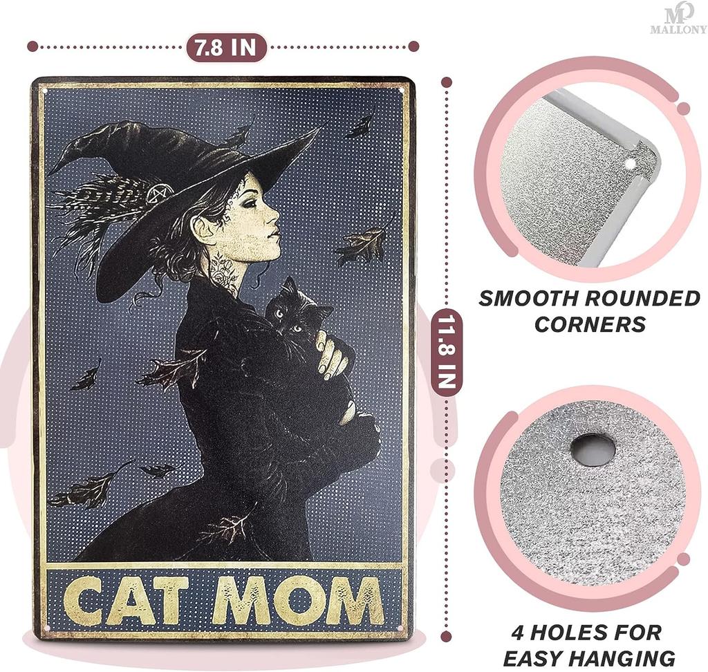 Cat Decor for Cat Lovers Metal Sign - Witch Cat Mom Metal Wall Art Tin Sign Indoor Halloween Decor Outdoor Black Cat