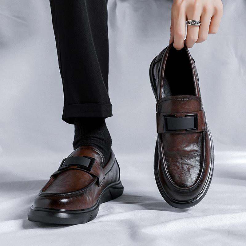 Leren Schoenen Heren Leren Platformzool Business Casual Zacht Leer Ademend Eén Pedaal Doudou Schoenen Handgreep Bruin 4733-R