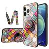 For iPhone 15 Pro Tempered Glass+PC+TPU Kickstand Case Flower Pattern Phone Cover with Lanyard