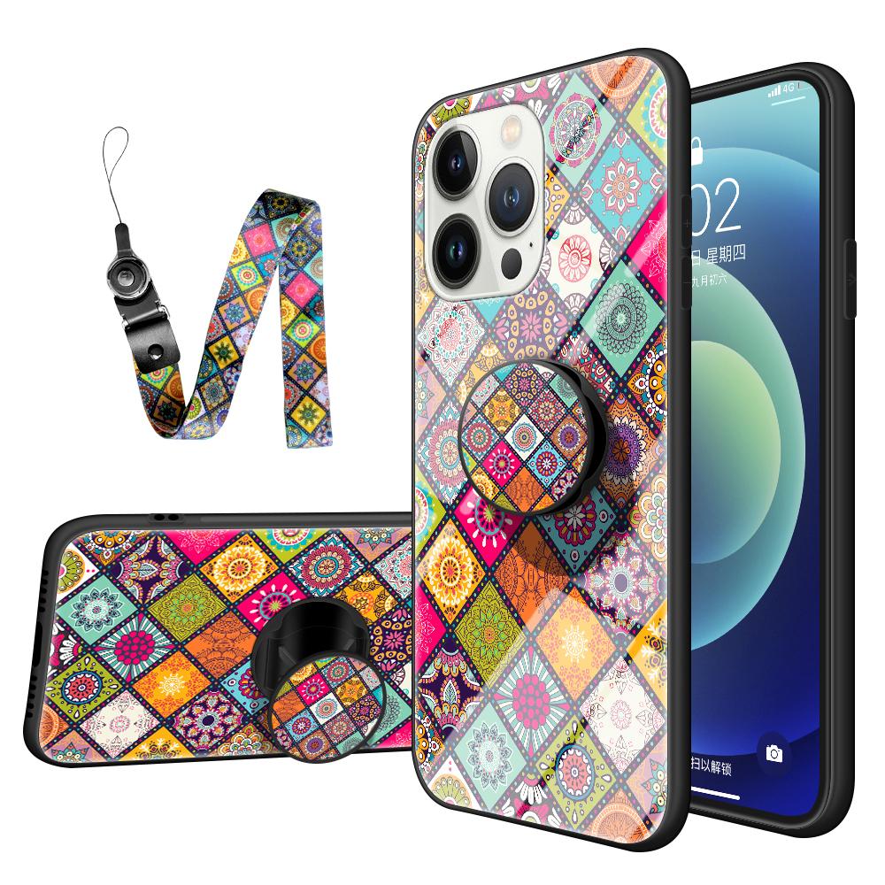 For iPhone 15 Pro Tempered Glass+PC+TPU Kickstand Case Flower Pattern Phone Cover with Lanyard