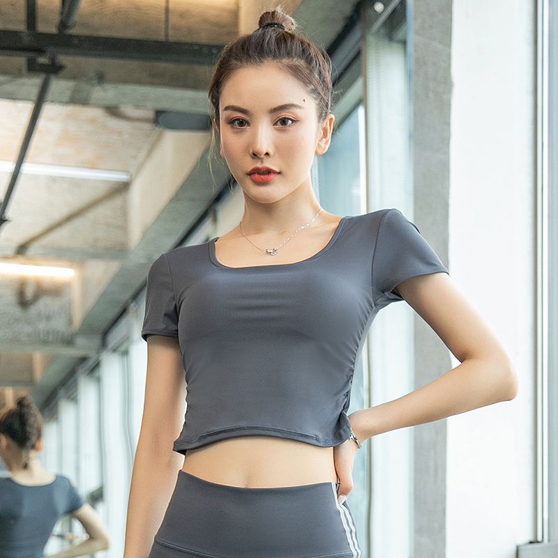 Yoga Short Sleeve Women's Tight Professional Quick Drying Clothes Morning Running Training Sports T-shirt with Chest Pad Fitness Clothes Tops Women
