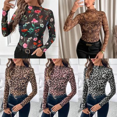 Women's Sexy Leopard Mesh Ruffle Hem Bodysuit T Shirt Top Women Fashion Daily Basic Office Lady Casual Slim Fit Ladies Elegant Women Long Sleeve Top