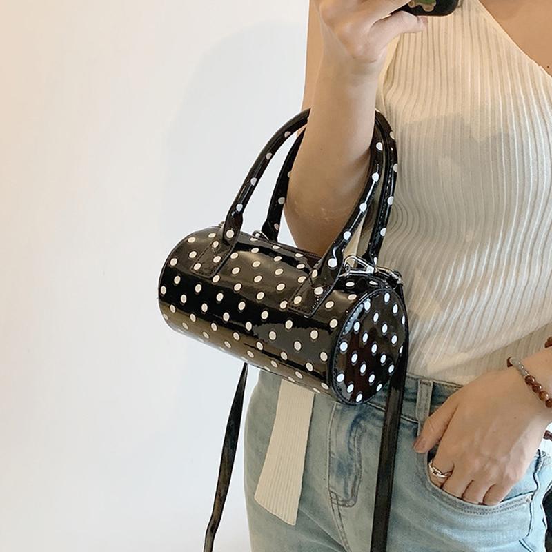Yogodlns Chic Black & White Polka Dot Stylish Cylinder Crossbody Bag Braided Handle PU Leather Zip Closure Versatile Messenger Bag for Women