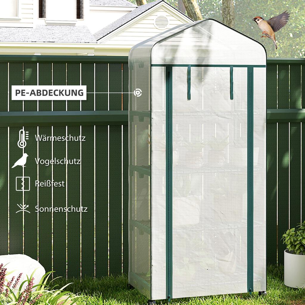 4 Tier Mini Portable Greenhouse Compact Plant Grow Shed Metal Frame PE Cover with Lockable Rolling Wheels, White