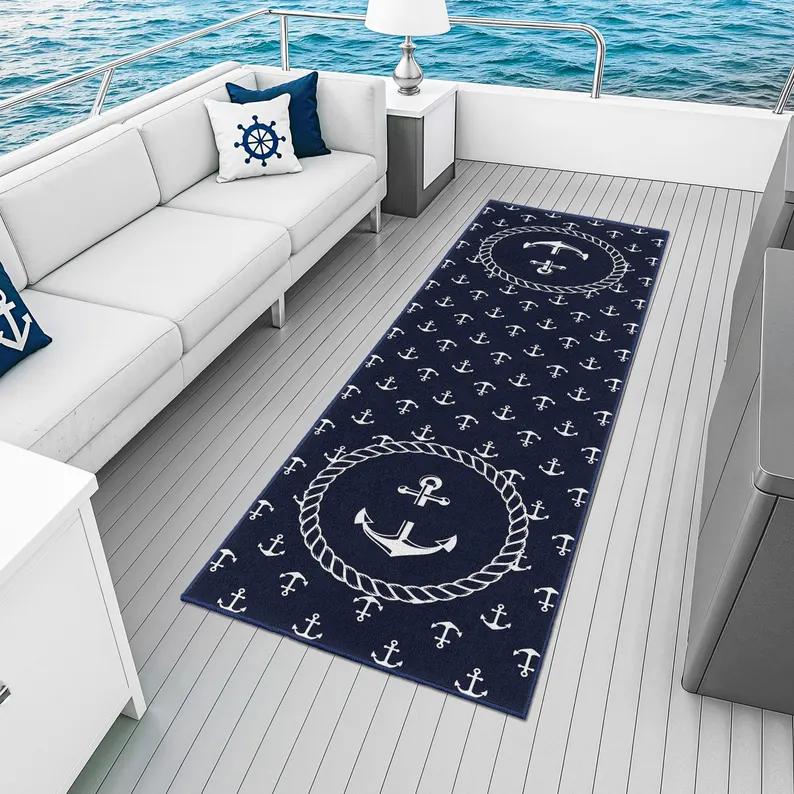 Nautical Anchor Compass Area Rug, Marine Theme Non-Slip Carpet for Yacht Deck and Living Room, Coastal Home Decor