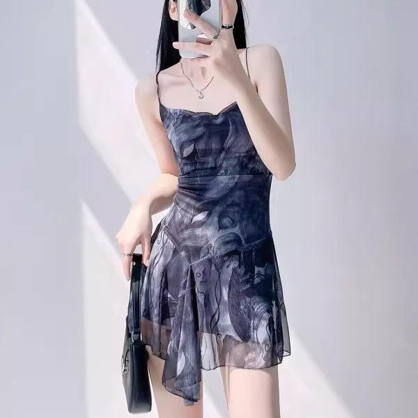 Sexy Cross Halter Suspender Skirt Spice Girl Tie-Dye Printed Mesh Waist Dress
