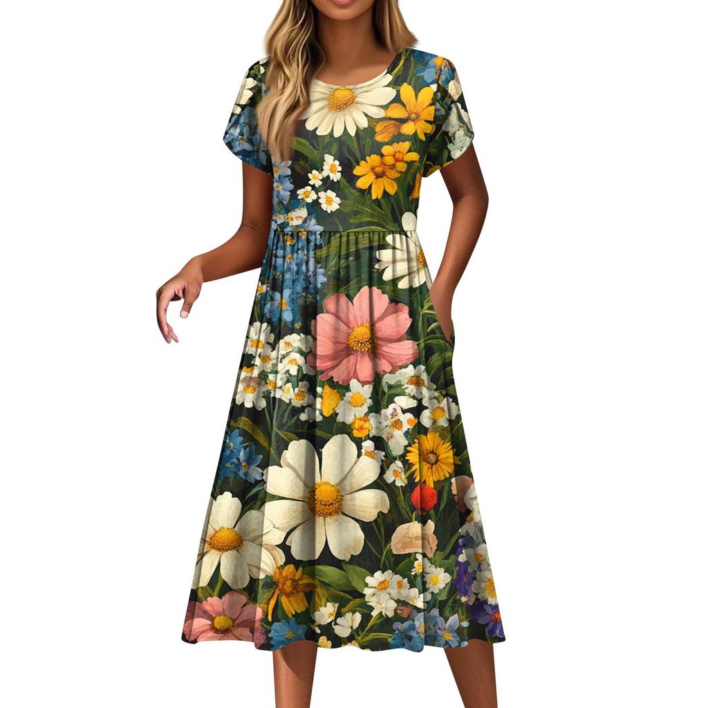 Dámské módní ležérní šaty s volným potiskem s kulatým výstřihem a kapsou s krátkým rukávem