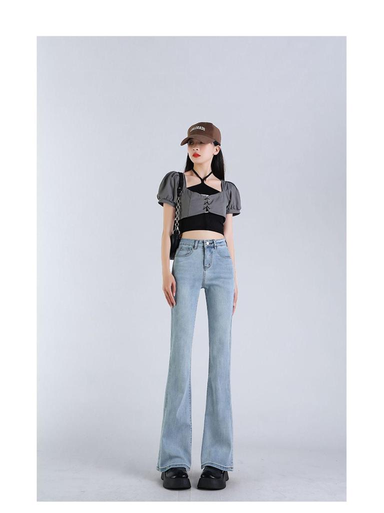 Women's High-Waisted Light Blue Micro-Flared Jeans - 2024 Spring/Autumn Versatile Long Pants.