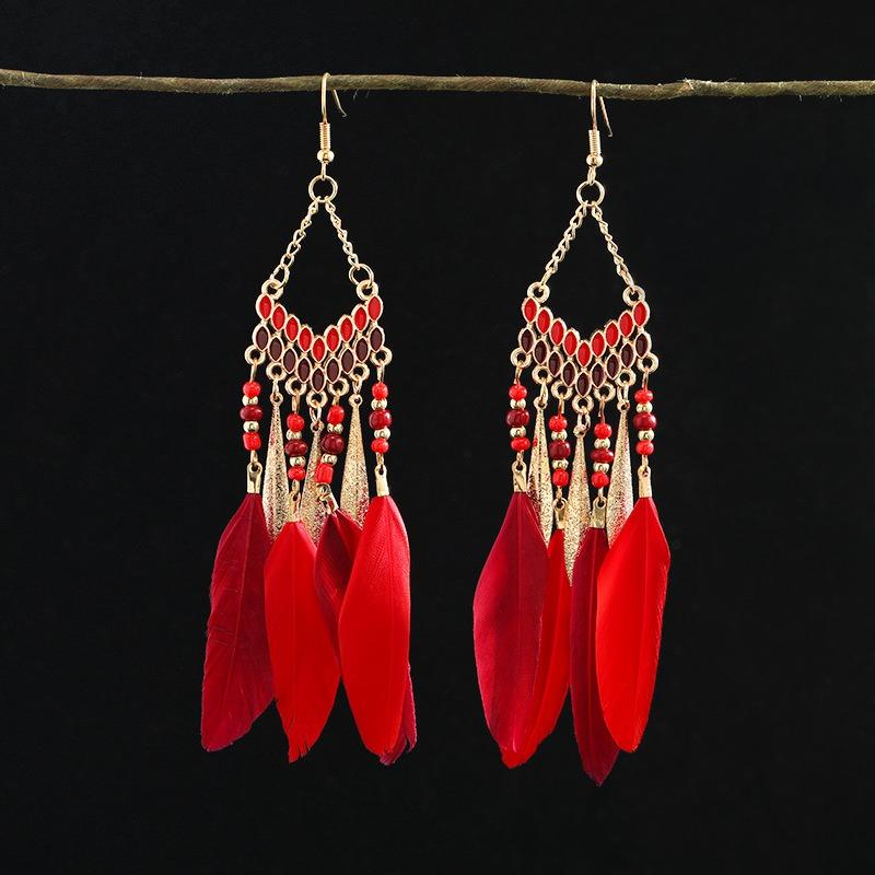 Retro Feather Fringed Earrings Women's Niche Personality Bohemian Blue Long Yunnan Travel Photography Earrings