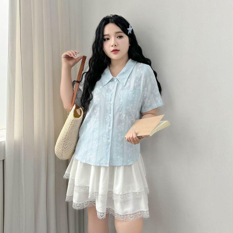 

Plus size women clothing [Artistic Fresh Shirts] Texture Bow Stripe Jacquard 100.00kg Short sleeve Shirt Article light blue-Shirt 6XL