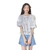 Women's Hollow Jacquard Puff Sleeve Babydoll Blouse - Summer Pullover Round Neck Top