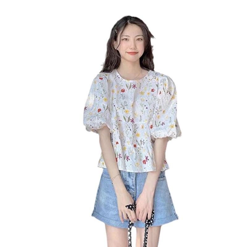 Women's Hollow Jacquard Puff Sleeve Babydoll Blouse - Summer Pullover Round Neck Top