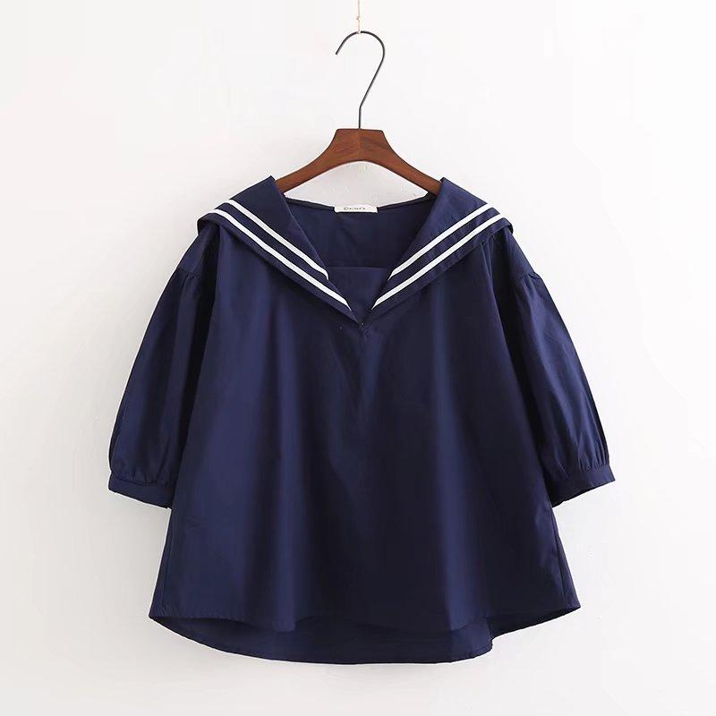 

Summer Sweet Literary Blouses & Shirts Women Navy Collar Splicing Loose Set Head Look Thin Short Sleeve Doll Shirt M Темно-синій