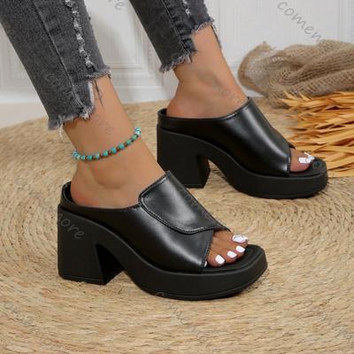 Moda Comemore Verão Novo Quadrado Sólido Chinelos para Mulheres Plataforma Casual Tamanho Grande Sapatos Femininos Preto Grosso Salto Alto
