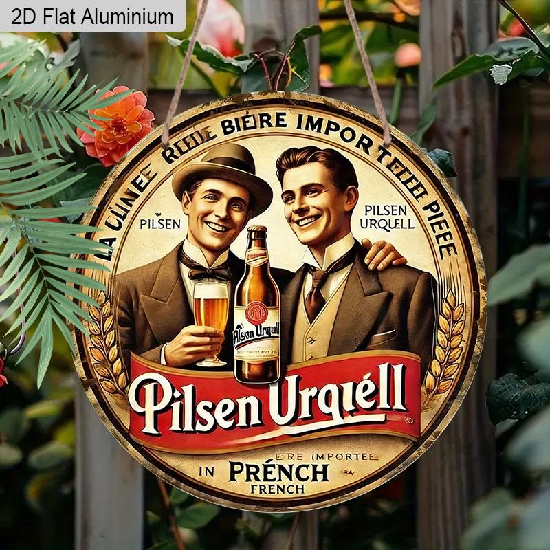 2D Flat Aluminum Retro Round Metal Sign Pilsner Urquell Beer Advertisement, Vintage Wall Art Decor with Hanging Rope, Rustic Chic Decoration for Home