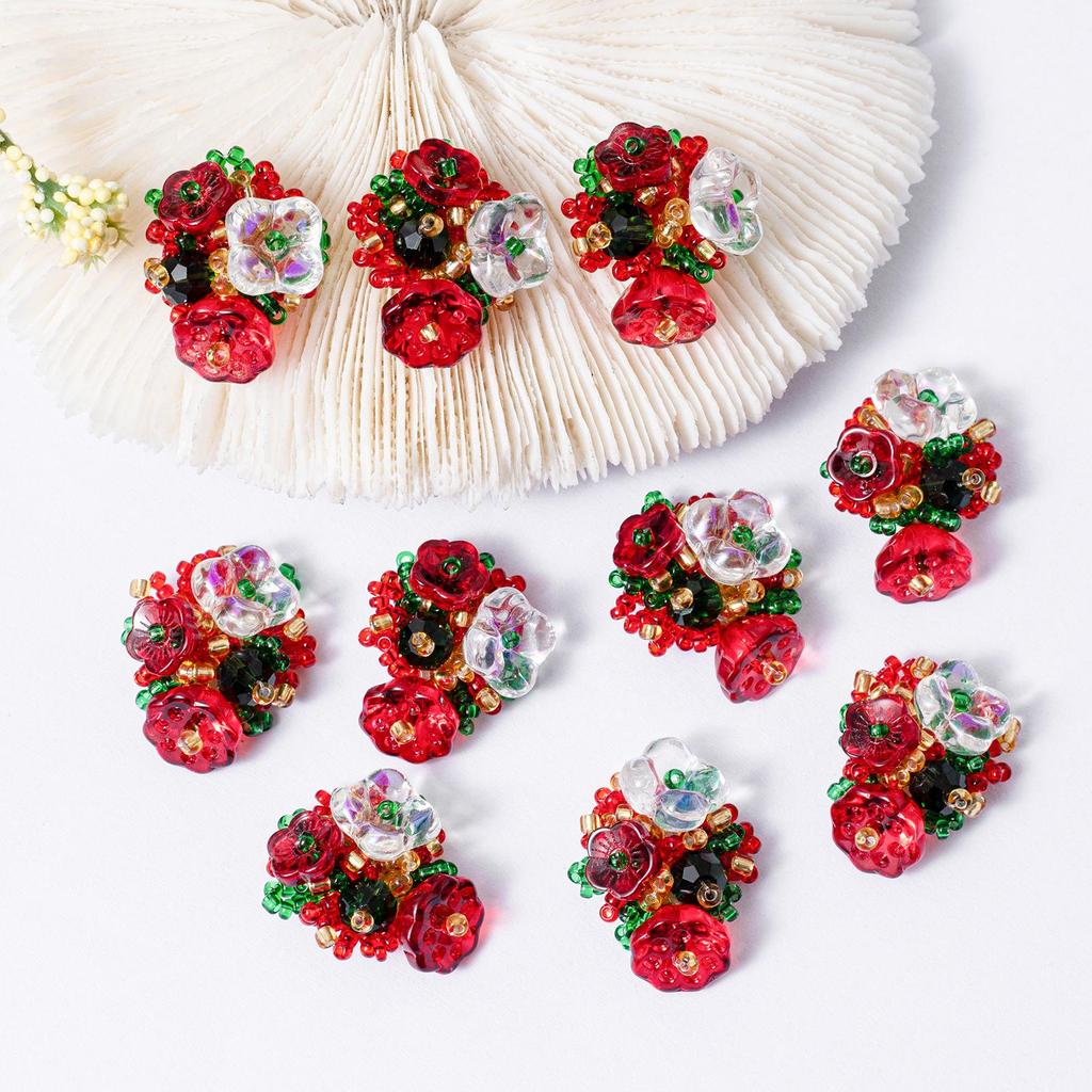 Festive Red Floral Cluster Christmas & New Year Earrings/Clips