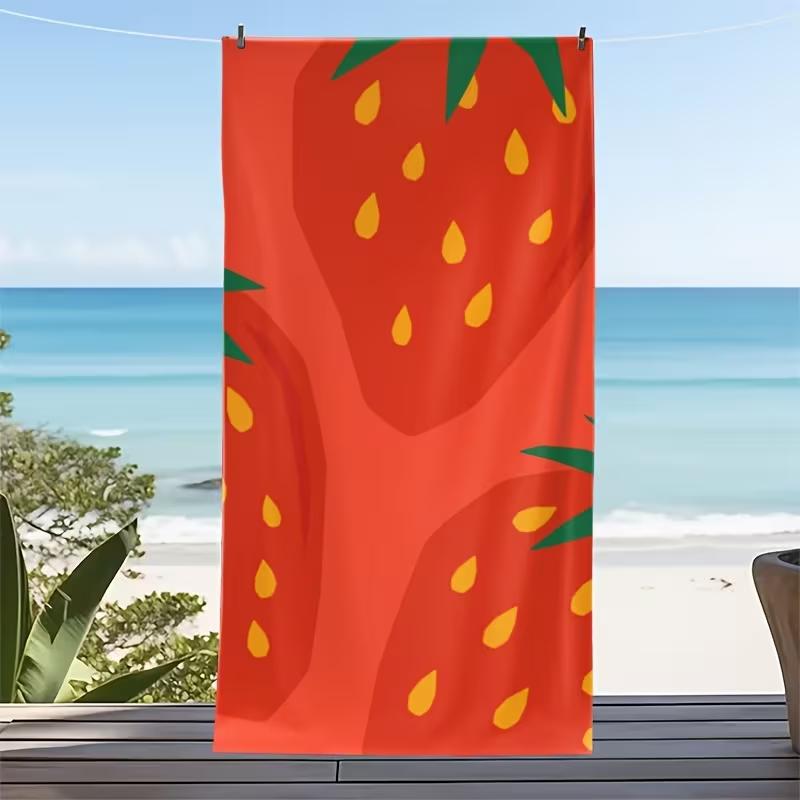 Cute Pink Strawberry Print Beach Towel Sweet Summer Fruit Pattern Beach Blanket Soft Quick Dry Sand Resistant Absorbent Towel