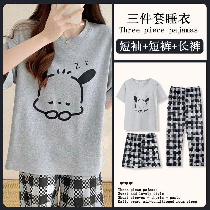 Summer Korean Sweet Pajamas Women's Crew Neck Short-sleeved Three-piece Comfortable Women's Loungewear Spot Straight Hair