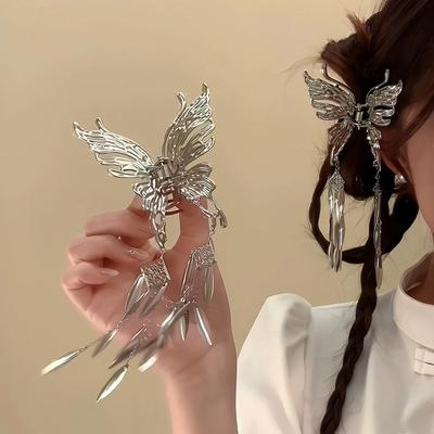 New Chinese Butterfly Tassel Hairpin, Female Back Of Head, Half Tied, Hair Clip, Shark Clip, High-End Silver Headdress
