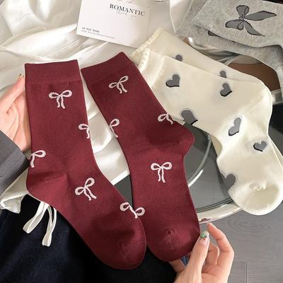 Socks Pure Cotton Medium Tube Socks Spring And Autumn Versatile Bow Love Ankola Red Cotton Stacking Socks Women