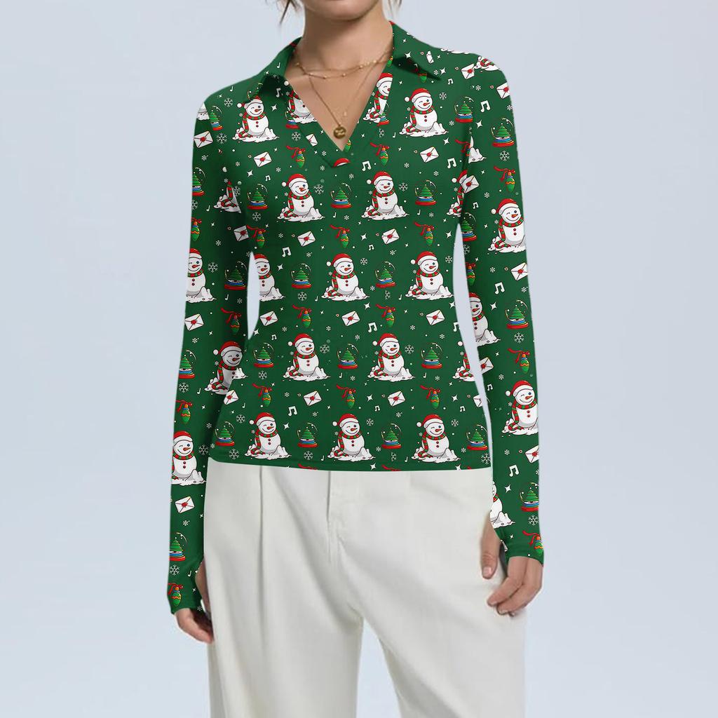 Damenmode Lässig Weihnachts-Print V-Ausschnitt Langarm Knopfleiste Oberteil
