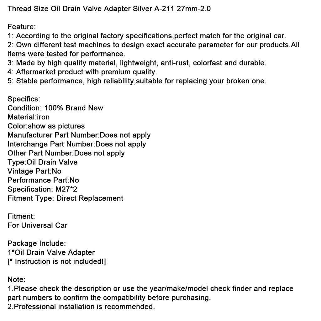 Thread Size Oil Drain Valve Adapter Silver A-211 27mm-2.0