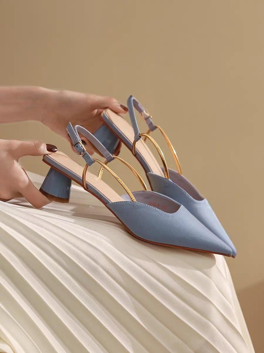 

Fashion Sandals for women 2025 summer new mid high heels satin temperament pointed fashion single shoes 39 небесно-голубой