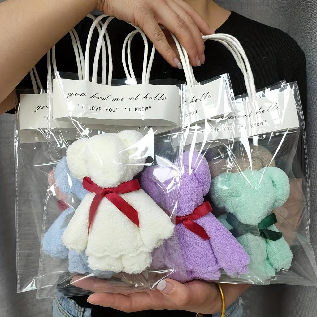 Set of 6 Soft Plush Bear Towels with Bag, Functional Cartoon Doll Gifts, Home Decor, Room Decoration, Birthday Party Supplies