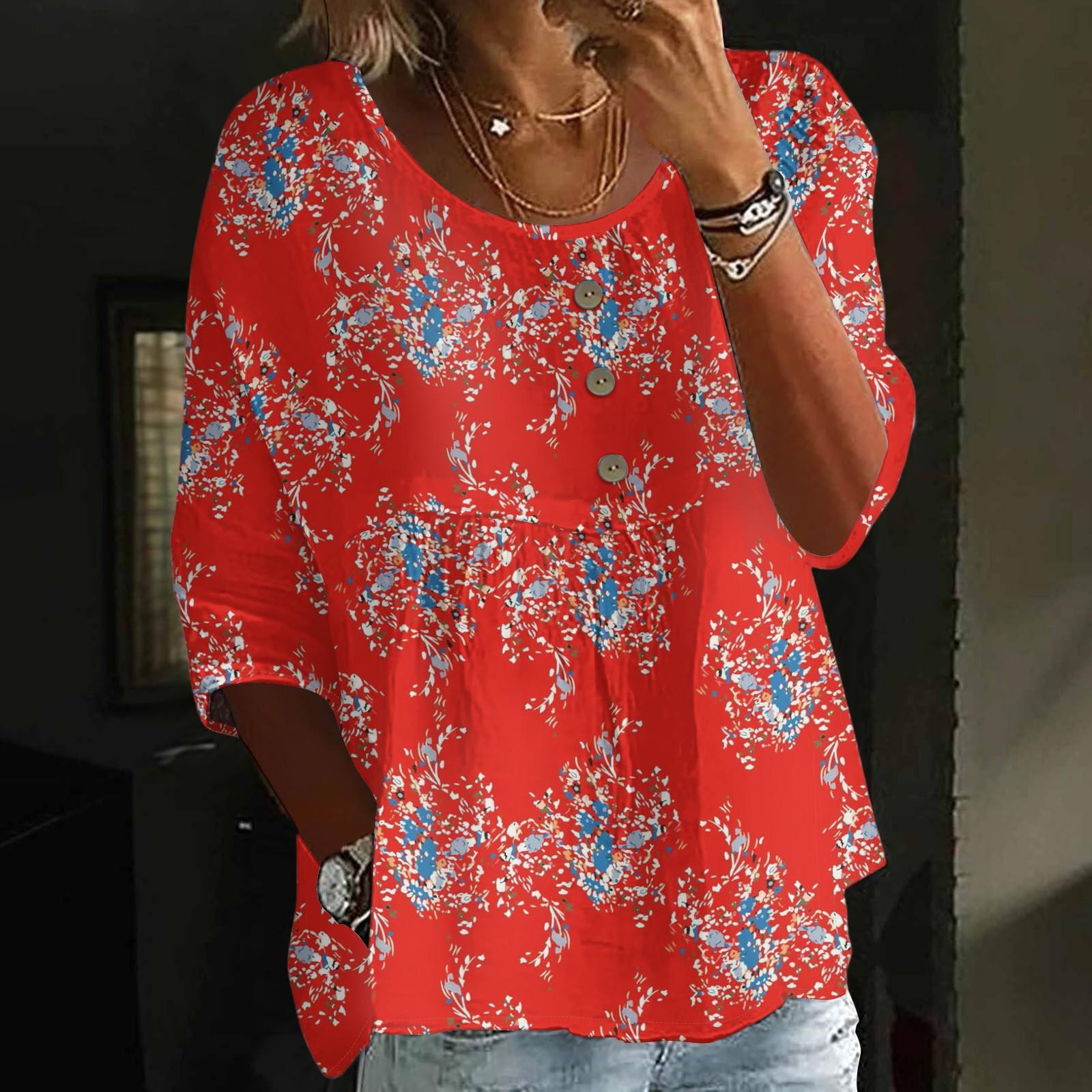 

Льняные рубашки для женщин с рукавом 3/4 на пуговицах с V-образным вырезом, летние топы, нарядные повседневные милые рубашки L красный