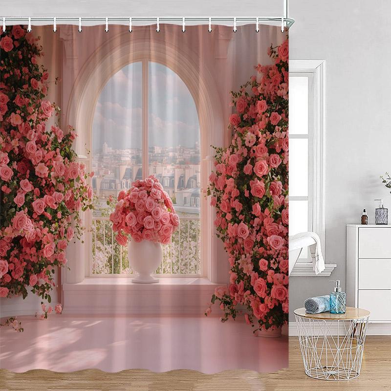 Hand-painted Street View Shower Curtains European Garden Cafe Green Plants Flowers Greenery Bathroom Decor Modern Bath Curtain