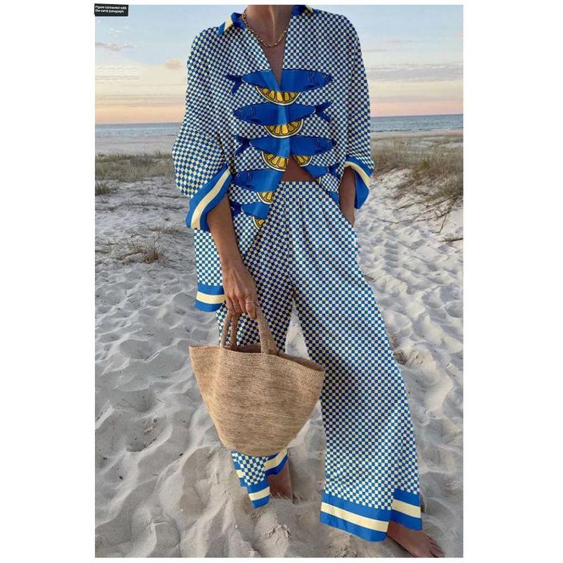 

Holiday Style Seaside Tropical Print Women Set Shirts Summer Printed Women s Suit Shirt BLUE CHECK M