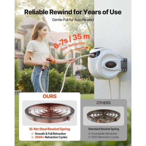 VEVOR Retractable Garden Hose Reel, 1/2" x 131.23 ft Wall Mounted Hose Reel, Heavy Duty Garden Hose Reel with 9 Patterns Nozzle, Any Length Lock