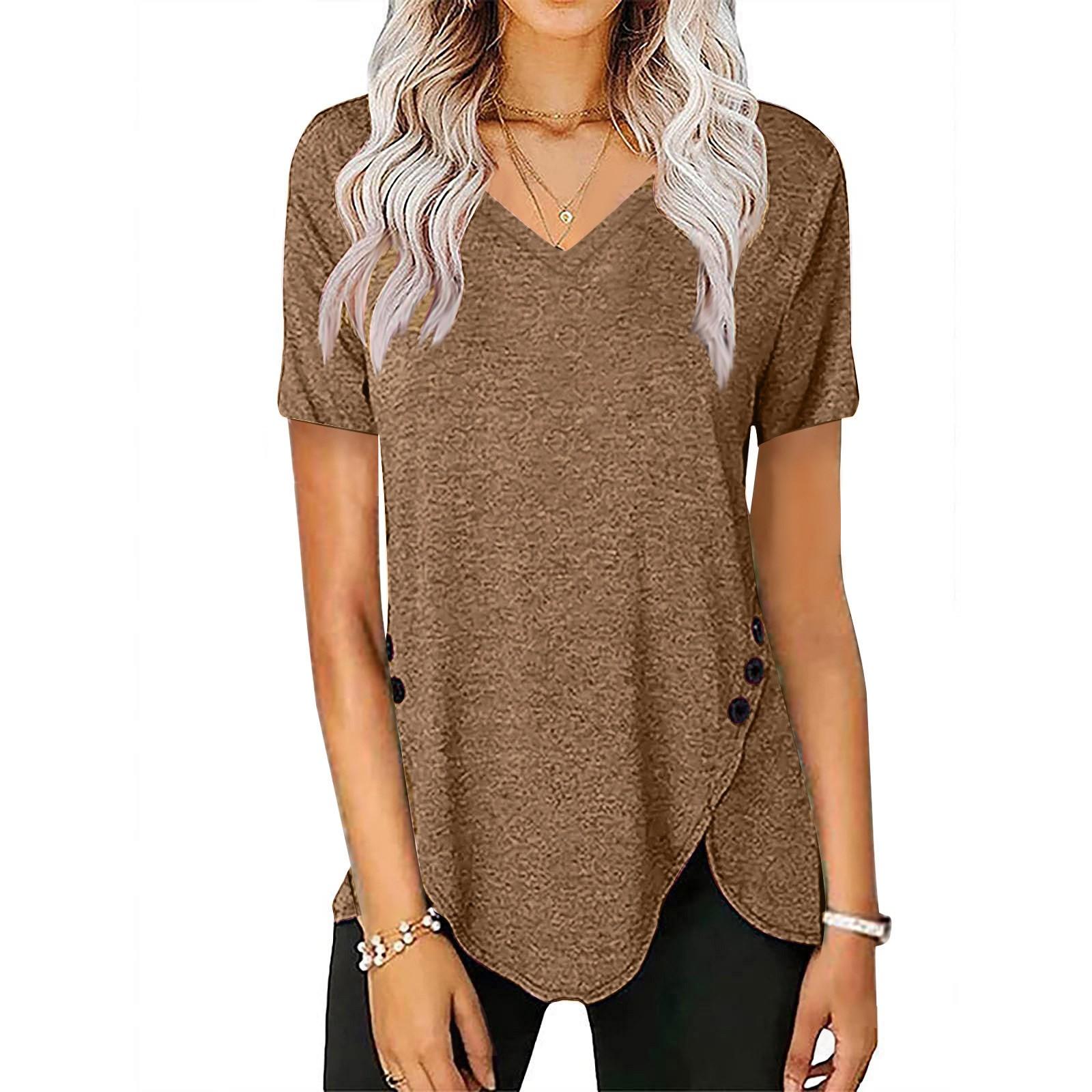 

Женская повседневная однотонная свободная футболка с v-образным вырезом и коротким рукавом L коричневый